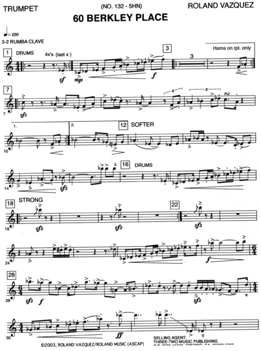 60 Berkley Place (Download) Latin jazz printed sheet music www.3-2music.com composer and arranger Roland Vaszquez combo (nonet) instrumentation