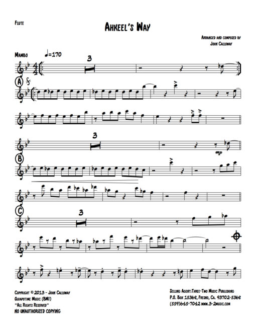 Ahkeel's Way (Download) Latin jazz printed sheet music www.3-2music.com composer and arranger John Calloway combo (octet) instrumentation