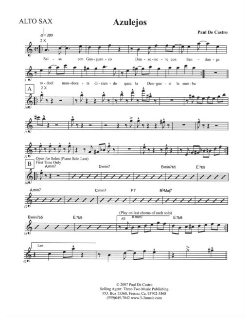 Azulejos Drum Set Latin Jazz printed combo sheet music www.3-2music.com composer Paul De Castro septet alto trumpet trombone rhythm