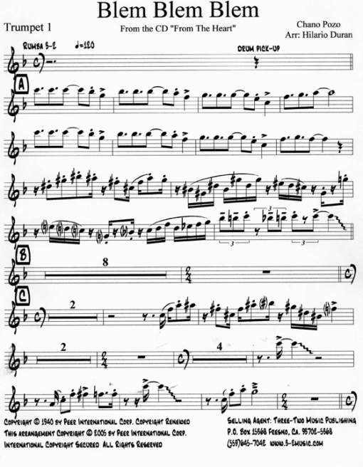 Blem Blem Blem (Download) Latin jazz printed sheet music www.3-2music.com composer and arranger Hilario Durán big band 4-4-5 instrumentation
