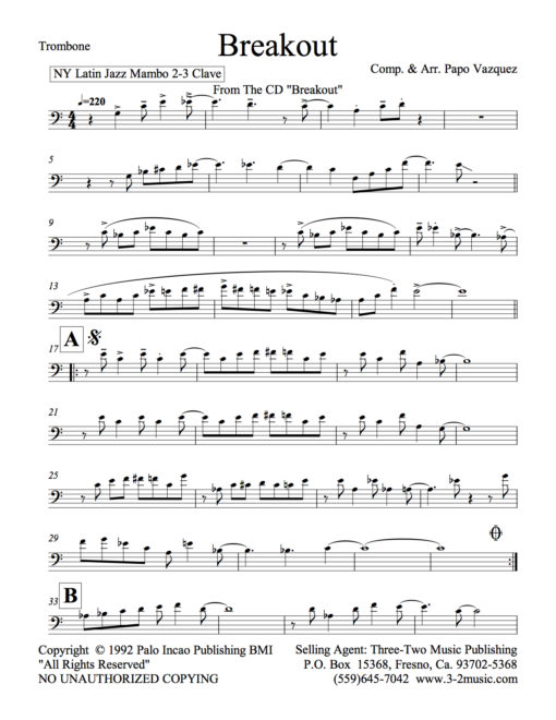 Breakout (Download) Latin jazz printed sheet music www.3-2music.com composer and arranger Papo Vazquez combo (sextet) instrumentation