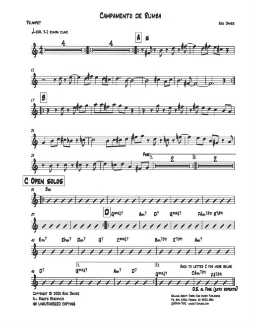 Campamento De Rumba (Download) Latin jazz printed sheet music www.3-2music.com composer and arranger Rick Davies combo (septet) instrumentation