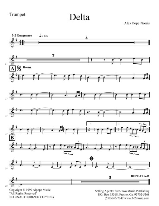 Delta (Download) Latin jazz printed sheet music www.3-2music.com composer and arranger Delta combo (septet) instrumentation