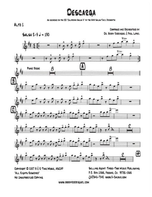 Descarga (Download) Latin jazz printed sheet music www.3-2music.com composer and arranger Bobby Rodriguez big band 4-4-5 instrumentation