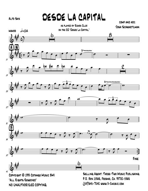 Desde La Capital (Download) Latin jazz printed sheet music www.3-2music.com composer and arranger John Shwartzman combo (sextet) instrumentation