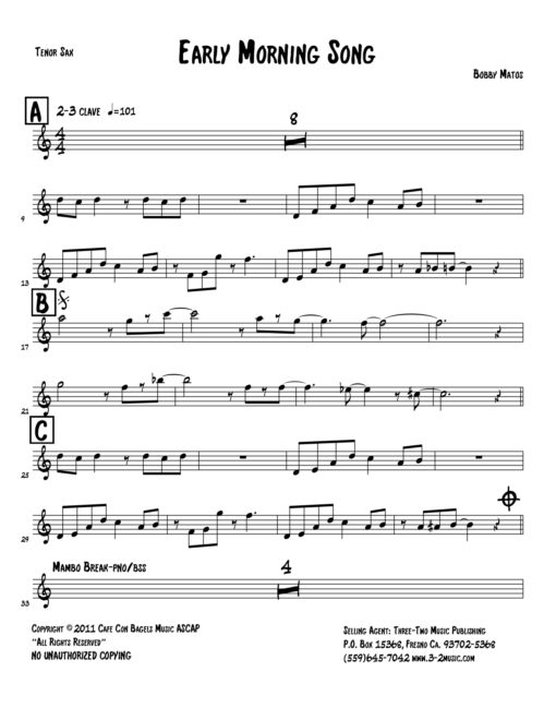 Early Morning Song (Download) Latin jazz printed sheet www.3-2music.com composer and arranger Bobby Matos combo (sextet) instrumentation