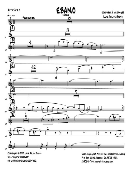 Ebano (Download) Latin jazz printed sheet music www.3-2music.com composer and arranger Luis Felipe Basto big band 4-4-5 instrumentation