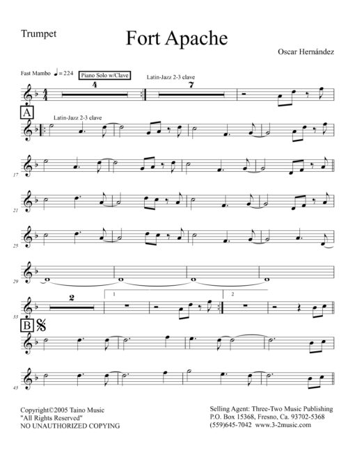 Fort Apache V.1 (Download) Latin jazz printed sheet music www.3-2music.com composer and arranger Oscar Hernandez combo (sextet) instrumentation