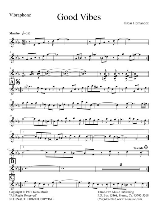 Good Vibes (Download) Latin jazz printed music www.3-2music.com composer and arranger Oscar Hernandez combo (quintet) instrumentation