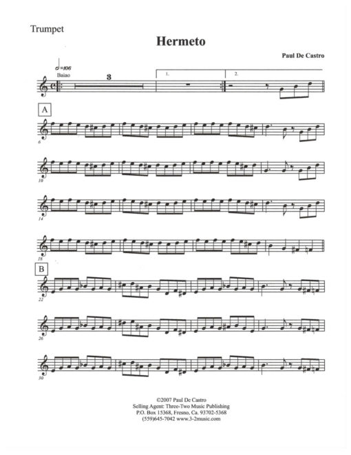 Hermeto (Download) Latin jazz printed sheet music www.3-2music.com composer and arranger Paul De Castro combo (septet) instrumentation