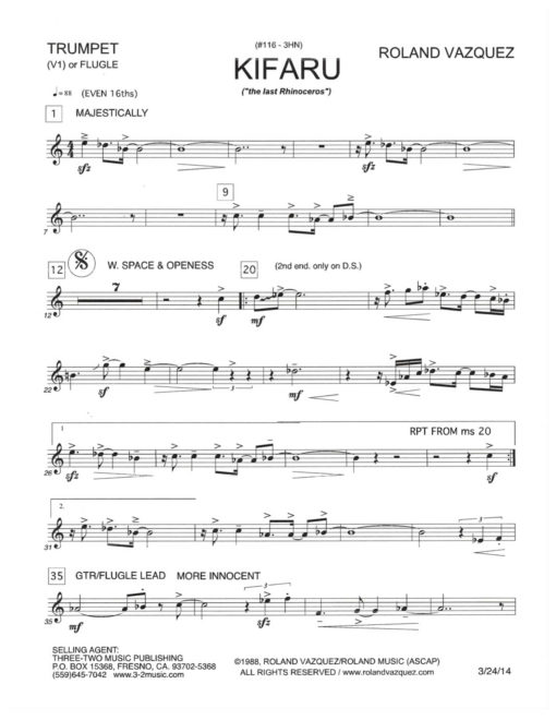 Kifaru (Download) Latin Jazz printed sheet music www.3-2music.com composer and arranger Roland Vazquez combo (octet) instrumentation