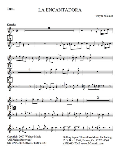 La Encantadora (Download) Latin jazz printed sheet music www.32music.com composer and arranger Wayne Wallace combo (nonet) instrumentation