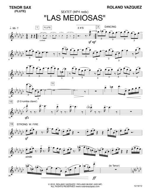 Las Mediosas sextet (Download) Latin Jazz printed sheet music www.3-2music.com composer and arranger Roland Vazquez combo (sextet) instrumentation