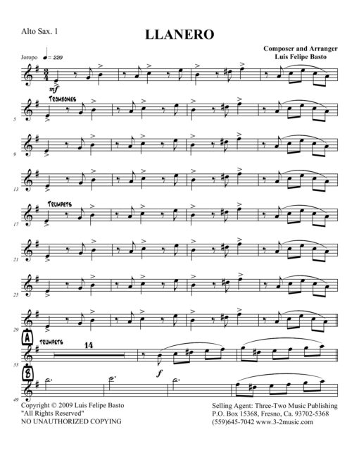 Llanero (Download) Latin jazz printed sheet music www.3-2music.com composer and arranger Jose Felipe Basto big band 4-4-5 instrumentation