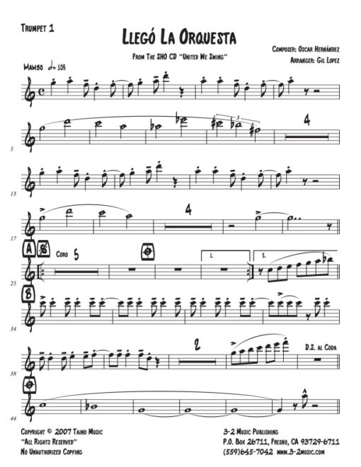 Llego La Orquesta (Download) Latin jazz printed sheet music www.3-2music.com composer and arranger Oscar Hernández combo (tentet) instrumentation