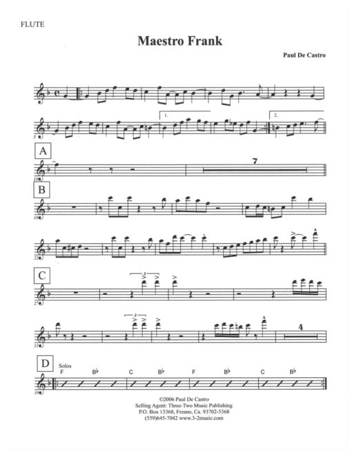 Maestro Frank (Download) Latin jazz printed sheet music www.3-2music.com composer and arranger Paul De Castro combo (septet)