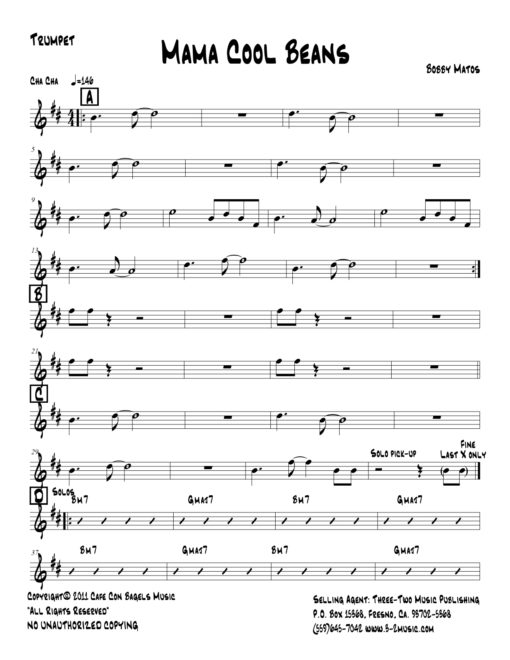 Mama Cool Beans Latin jazz printed sheet music www.3-2music.com composer Bobby Matos combo (septet) instrumentation CD Mambo Jazz Dance