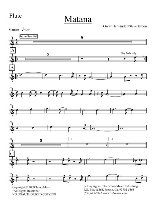 Matana (Download) Latin jazz printed sheet music www.3-2music.com composer and arranger Oscar Hernandez combo (septet) instrumentation