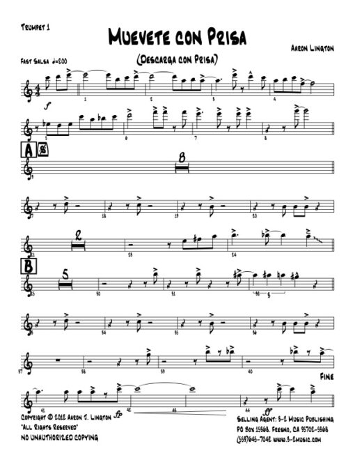 Muevete Con Prisa (Download) Latin jazz printed sheet music www.3-2music.com composer Aaron Lington little big band instrumentation