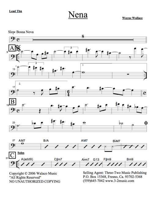 Nena (Download) Latin jazz printed sheet music www.3-2music.com composer and arranger Wayne Wallace combo (nonet) instrumentation