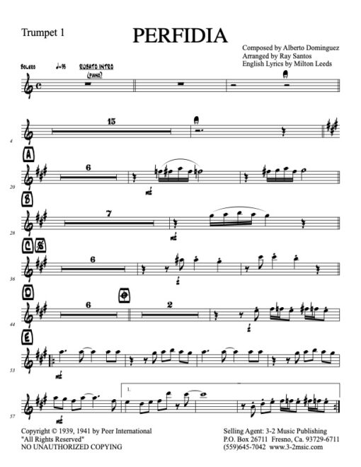 Perfidia V.1 (Download) Latin jazz printed sheet music www.3-2music.com composer and arranger Alberto Dominguez little big band instrumentation