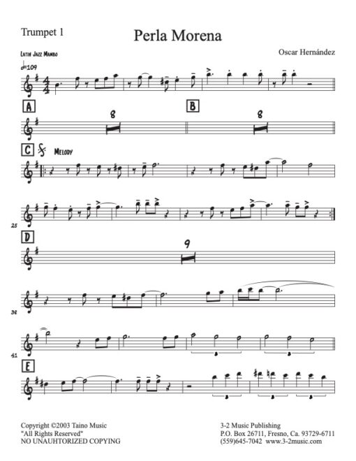 Perla Morena V.1 (Download) Latin jazz printed sheet music www.3-2music.com composer and arranger Oscar Hernandez combo (tentet) instrumentation