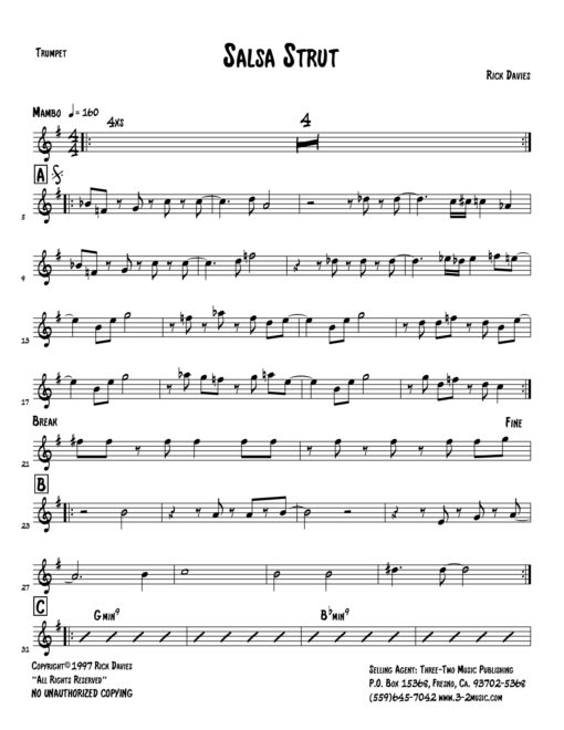 Salsa Strut (Download) Latin jazz printed sheet music www.3-2music.com compose and arranger Rick Davies combo (septet) instrumentation