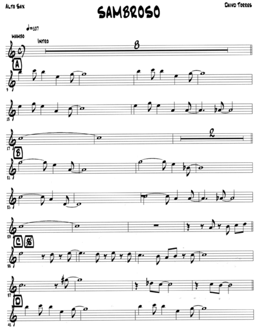 Sambroso (Download) Latin jazz printed sheet music www.3-2music.com composer and arranger David Torres combo (septet) instrumentation