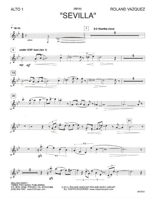 Sevilla V.3 (Download) Latin jazz printed sheet music www.3-2music.com composer and arranger Roland Vazquez big band 4-4-5 instrumentation