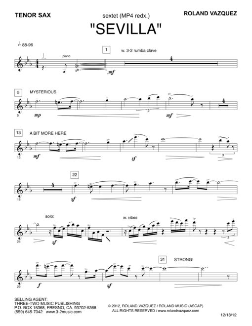 Sevilla V.1 (Download) Latin jazz printed sheet music www.3-2music.com composer and arranger Roland Vazquez combo (sextet) instrumentation
