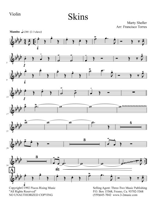 Skins (Download) Latin jazz printed sheet music www.3-2music.com composer and arranger Marty Sheller combo (septet) instrumentation