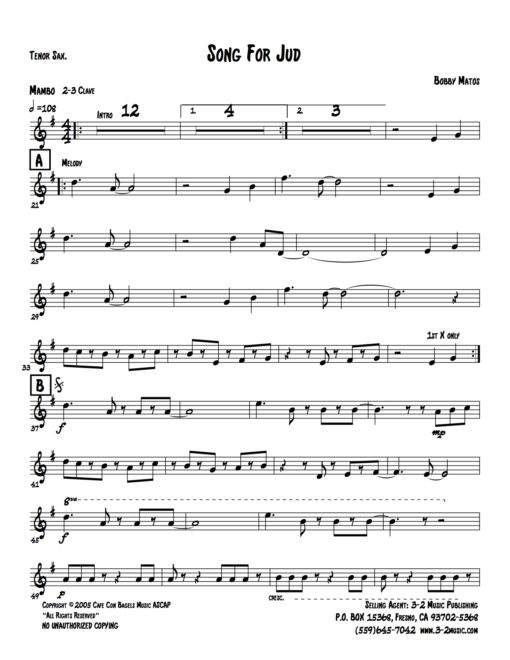 Song For Jud (Download) Latin jazz printed sheet music www.3-2music.com composer and arranger Bobby Matos combo (sextet) instrumentation