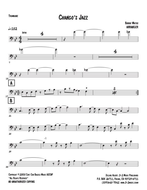 Chango's Jazz (Download) Latin jazz printed big band sheet music www.3-2music.com composer and arranger Bobby Matos 4-4-5 rhythm Latin scores