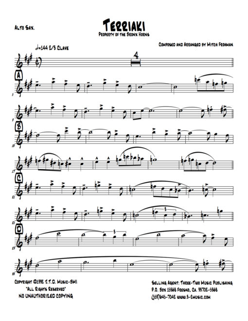 Terriaki (Download) Latin jazz printed sheet music www.3-2music.com composer and arranger Mitch Frohman combo (septet) instrumentation