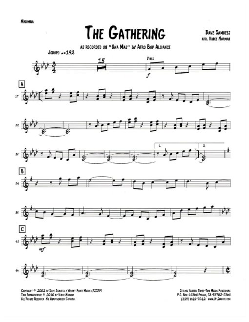 The Gathering (Download) Latin jazz printed sheet music www.3-2music.com composer and arranger Dave Samuels big band 4-4-5 instrumentation