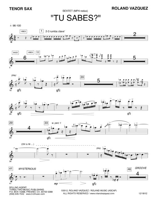 Tu Sabes (Download) Latin jazz printed sheet music www.3-2music.com composer and arranger Roland Vazquez combo (sextet) instrumentation