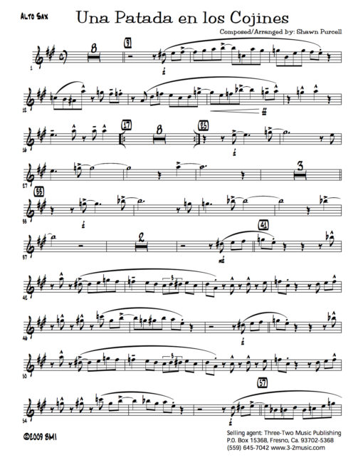 Una Patada En Los Cojines (Download) Latin jazz printed sheet music www.3-2music.com composer and arranger Shawn Purcell little big band