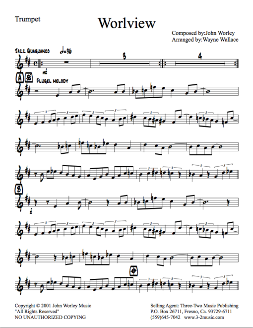 Worlview (Download) Latin jazz printed sheet music www.3-2music.com composer and arranger John Worley combo (septet) instrumentation