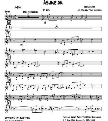Asunción Latin jazz printed sheet music www.3-2music.com composer and arranger Joe Gallardo big band 4-4-5 instrumentation
