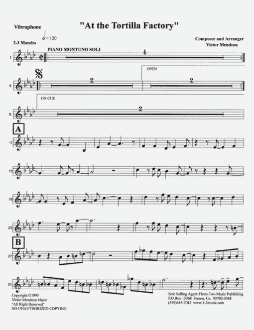 At The Tortilla Factory (Download) Latin jazz printed sheet music www.3-2music.com composer and arranger Victor Mendoza combo (sextet) instrumentation