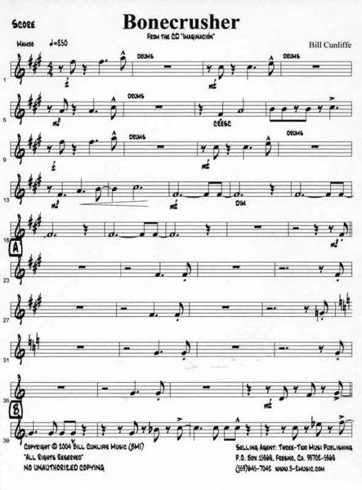 Bone Crusher V.1 (Download) Latin jazz printed sheet music www.3-2music.com composer and arranger Bill Cunliffe combo (octet) instrumentation