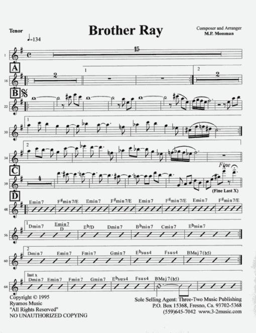 Brother Ray Latin jazz printed sheet music www.3-2music.com composer and arranger Michael Mossman combo (sextet) instrumentation
