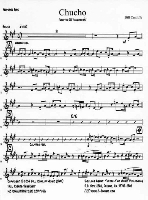 Chucho (Cunliffe) (Download) Latin jazz printed sheet music www.3-2music.com composer and arranger Bill Cunliffe combo (octet) instrumentation