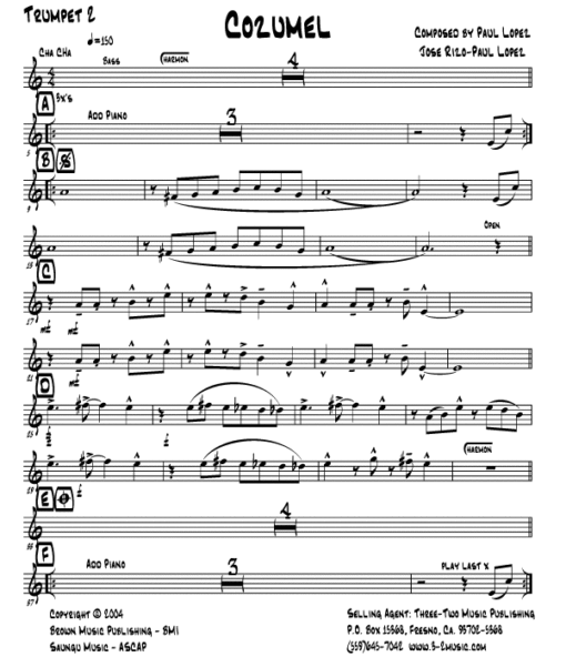 Cozumel (Download) Latin jazz printed sheet music www.3-2music.com composer and arranger Jose Rizo little big band instrumentation