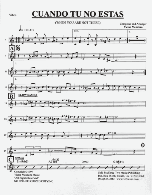 Cuando Tu No Estas (Download) Latin jazz printed sheet music www.3-2music.com composer and arranger Victor Mendoza combo (sextet) instrumentation