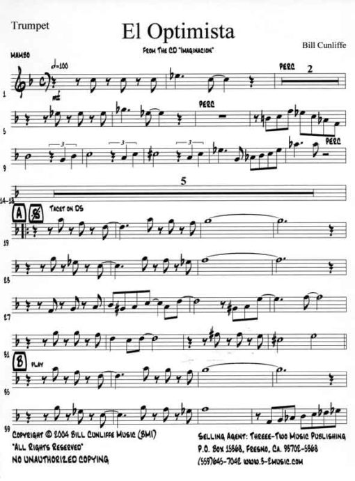 El Optimista (Download) Latin jazz printed sheet music www.3-2music.com composer and arranger Bill Cunliffe combo (octet) instrumentation