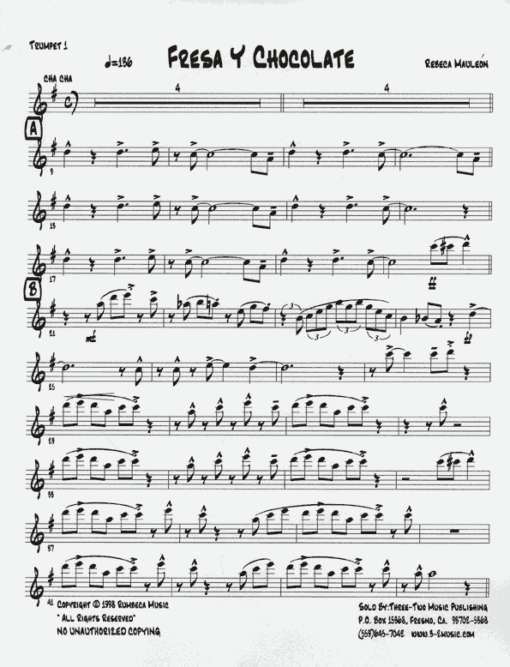 Fresa Y Chocolate (Download) Latin jazz printed sheet music www.3-2music.com composer and arranger Rebeca Mauleon combo (nonet) instrumentation