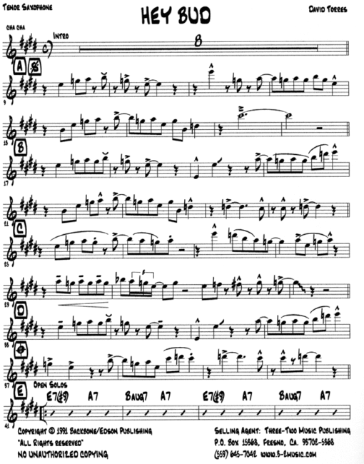 Hey Bud (Download) Latin jazz printed sheet music www.3-2music.com composer and arranger David Torres combo (septet) instrumentation