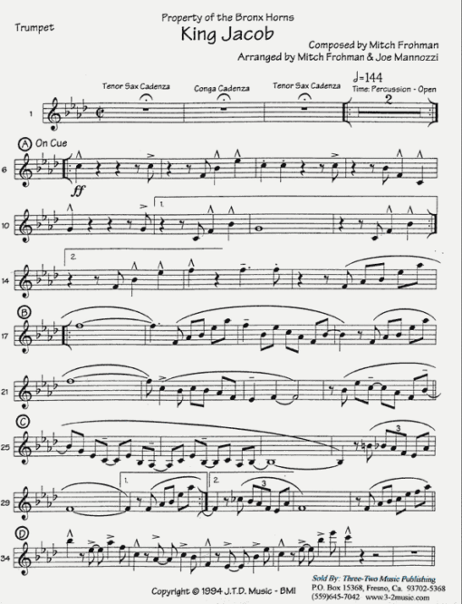 King Jacob (Download) Latin jazz printed sheet music www.3-2music.com composer and arranger Mitch Frohman combo (septet) instrumentation
