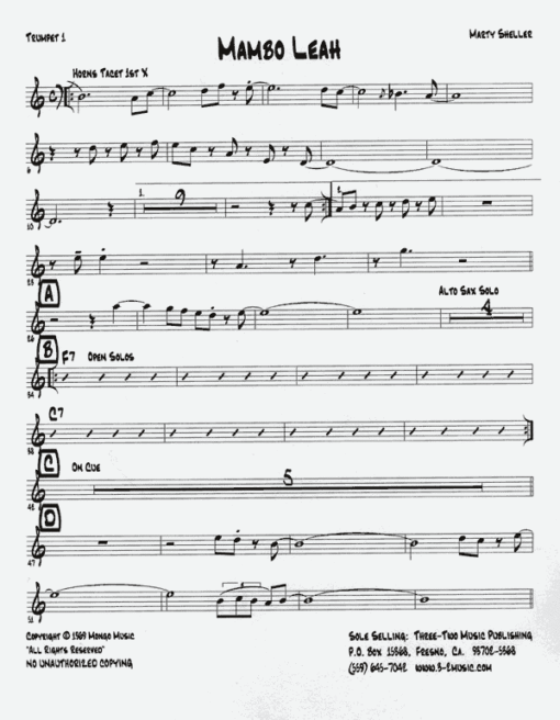 Mambo Leah (Download) Latin jazz printed sheet music www.3-2music.com composer and arranger Marty Sheller combo (septet) instrumentation